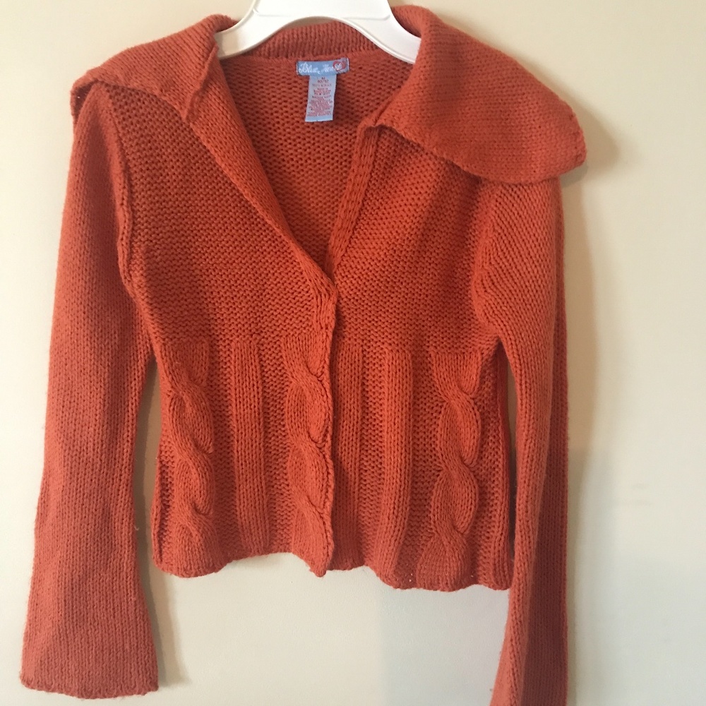 Blue Heart Shawl Collared Sweater. Rust. Girls. Medium 10/12